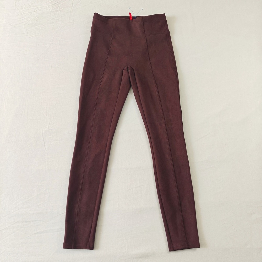 Spanx Faux Suede Leggings Women S Burgundy High Rise Seam Detail Slimming Chic